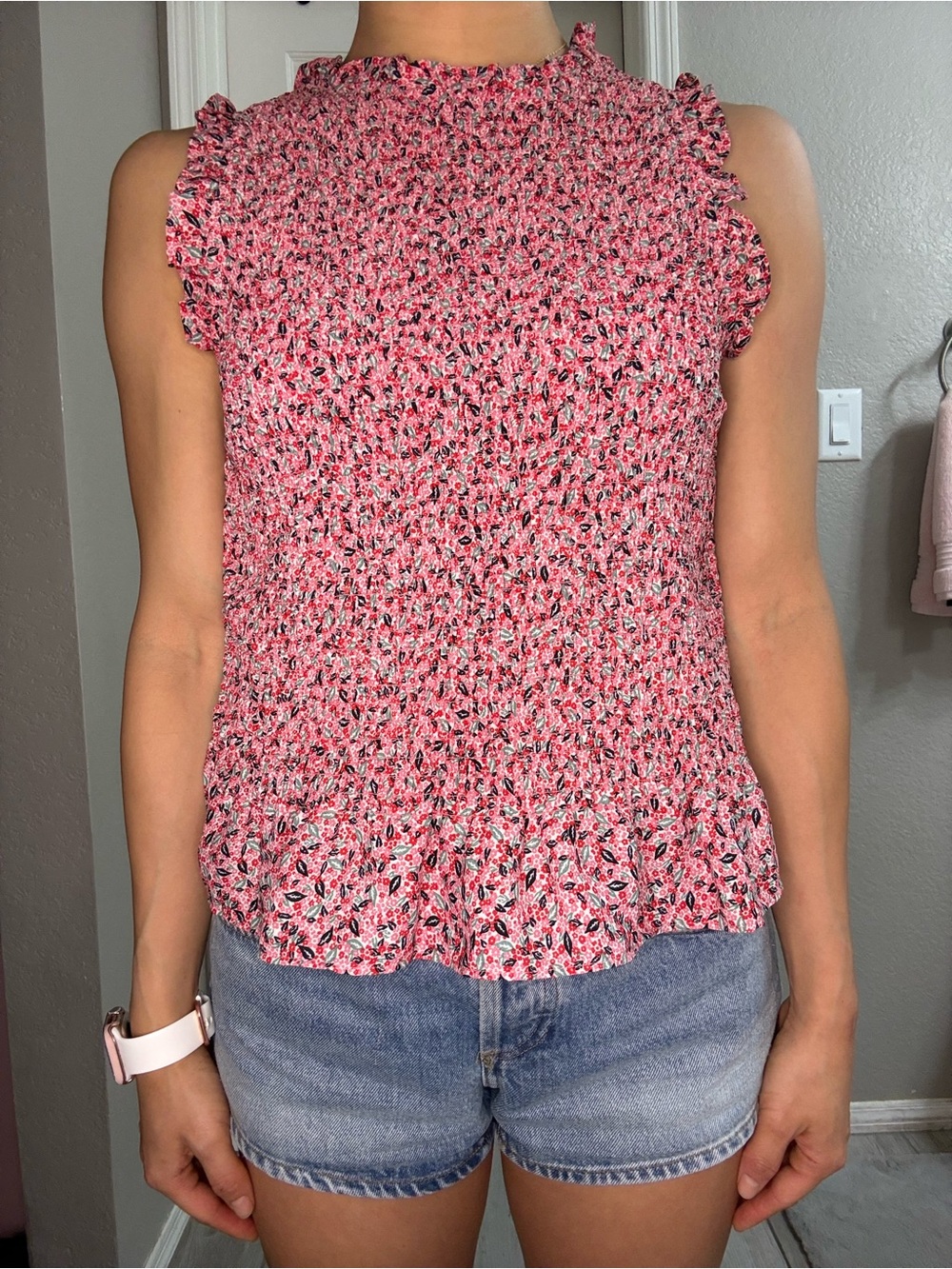 Smocked Ruffle Sleeveless Top in Pink Floral